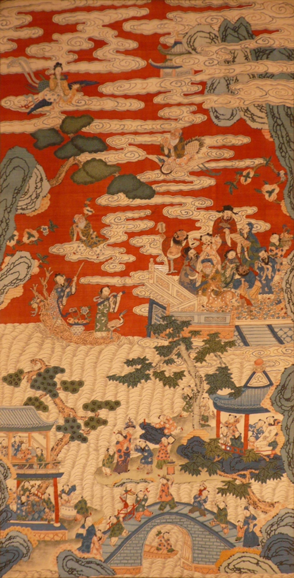 缂绣-清缂丝八仙百子庆寿图轴