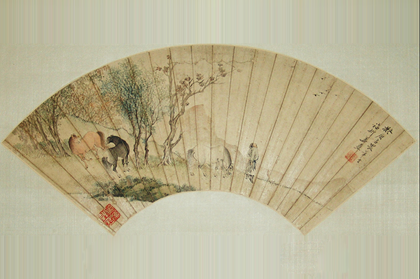 绘画-清姜寿设色人马折扇面镜心