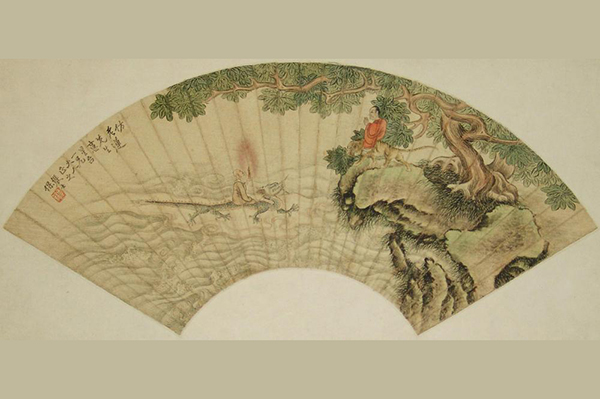 绘画-清张士保设色人物折扇面镜...