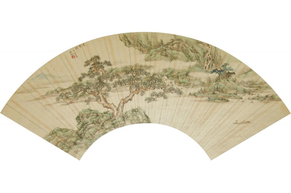 绘画-清书绅设色山水折扇面镜心