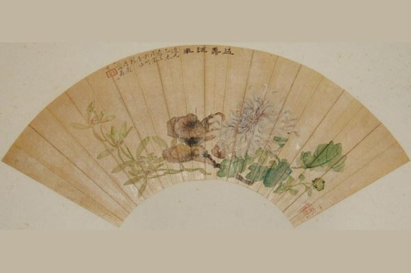 绘画-清谷兰森设色花卉折扇面镜...