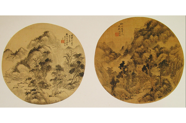 19绘画-清丁立均水墨山水、何维朴水墨山水团扇面双挖镜心